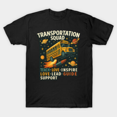 Black T-shirt with "Transportation Squad" graphic featuring a school bus and planets, made of soft cotton.