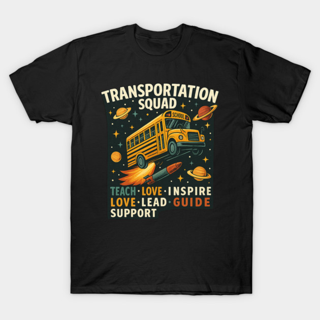 Black T-shirt with "Transportation Squad" graphic featuring a school bus and planets, made of soft cotton.