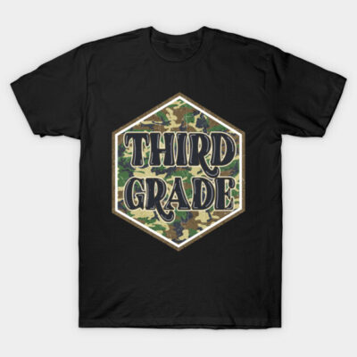 Black t-shirt with "Third Grade" text in camouflage style, hexagon design. Casual wear for school or everyday use.