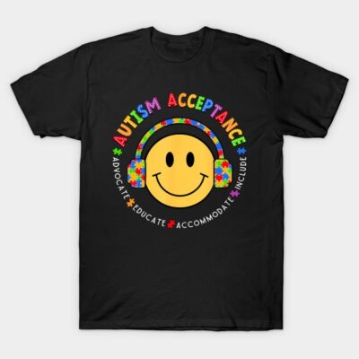 Black autism acceptance T-shirt with colorful text and smiley face design, promoting awareness and inclusion.