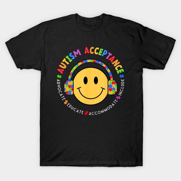 Black autism acceptance T-shirt with colorful text and smiley face design, promoting awareness and inclusion.