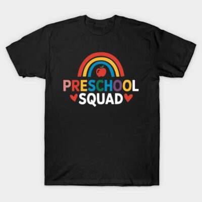 Black "Preschool Squad" T-shirt with colorful rainbow design, casual style, perfect for preschool-themed events.