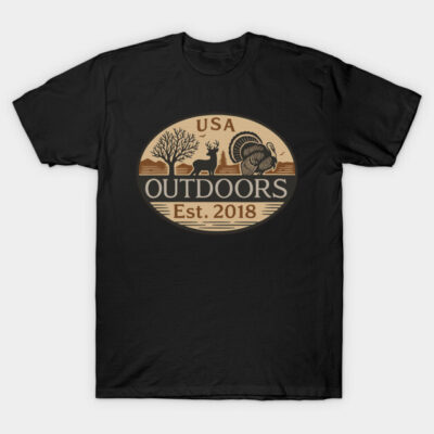 Black "USA Outdoors Est. 2018" t-shirt with nature-themed graphic, ideal for hiking or casual wear.