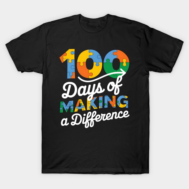 "Black t-shirt with colorful puzzle graphic and '100 Days of Making a Difference' text, cotton material, casual wear."