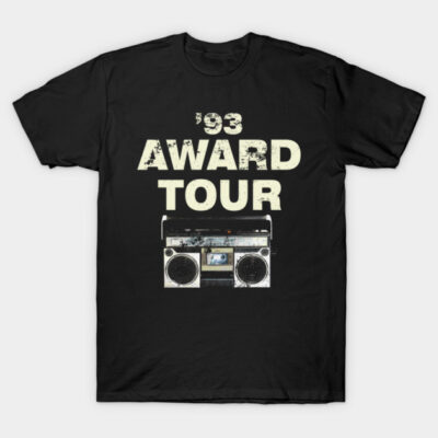 Black graphic tee with vintage boombox and "93 Award Tour" text, casual style, unisex cotton material.