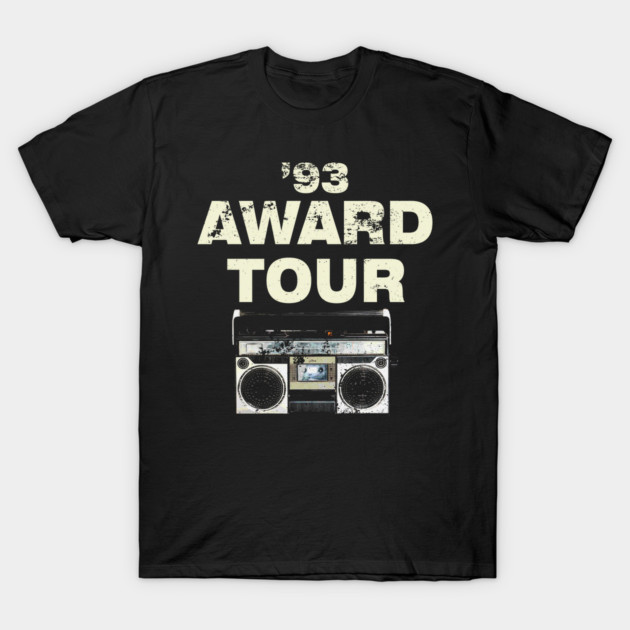 Black graphic tee with vintage boombox and "93 Award Tour" text, casual style, unisex cotton material.