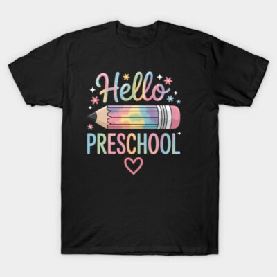 Black T-shirt with colorful "Hello Preschool" pencil design, ideal for back-to-school wear.