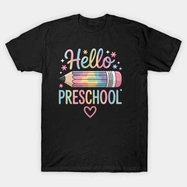 Black T-shirt with colorful "Hello Preschool" pencil design, ideal for back-to-school wear.