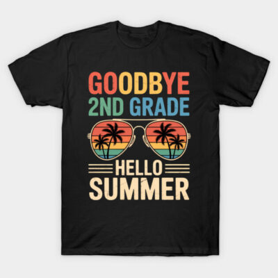 Black t-shirt with colorful "Goodbye 2nd Grade Hello Summer" text and palm tree sunglasses graphic, casual wear.