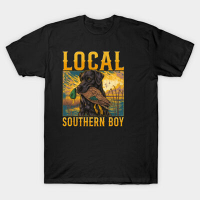 Black t-shirt with "Local Southern Boy" graphic, featuring a dog and duck design, casual style, cotton material.