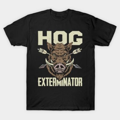 Black "Hog Exterminator" T-shirt featuring a fierce boar with arrows design. Casual wear, cotton material, unisex style.