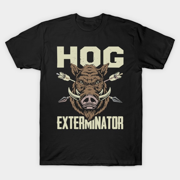 Black "Hog Exterminator" T-shirt featuring a fierce boar with arrows design. Casual wear, cotton material, unisex style.
