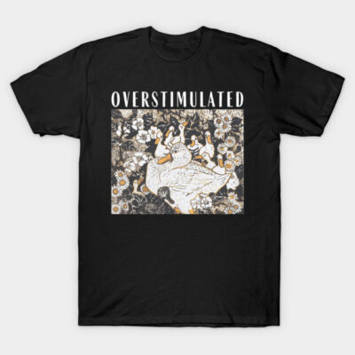 Black t-shirt with "Overstimulated" text and artistic floral and duck design, casual style, cotton material.