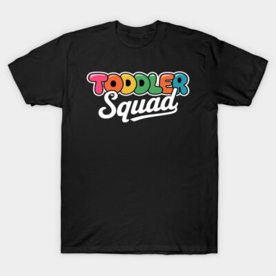 Black "Toddler Squad" T-shirt with colorful text, casual style, cotton fabric, perfect for kids' everyday wear.