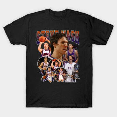 "Black graphic T-shirt featuring basketball-themed collage, comfortable cotton material, perfect for sports fans."