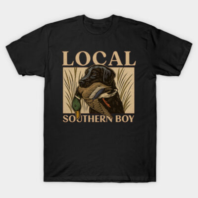Black T-shirt with hunting dog and duck graphic, featuring "Local Southern Boy" text, casual outdoor style.