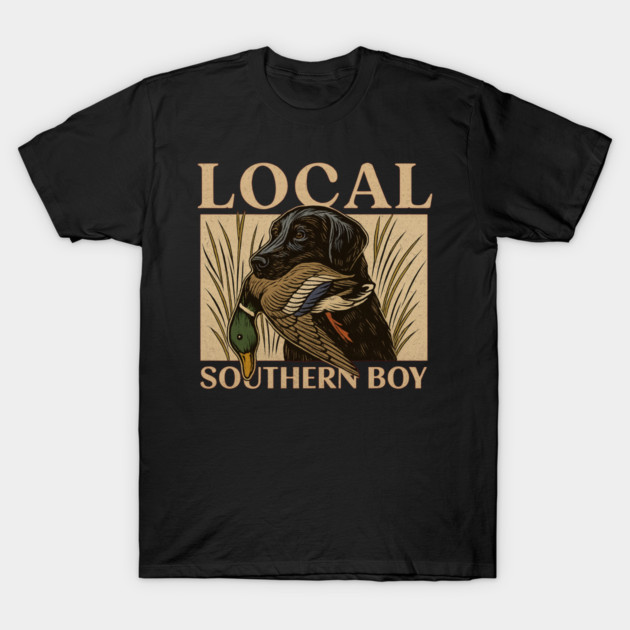 Black T-shirt with hunting dog and duck graphic, featuring "Local Southern Boy" text, casual outdoor style.