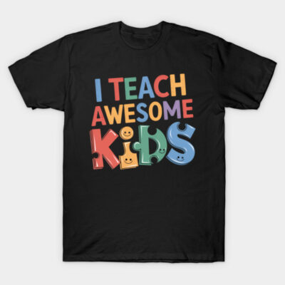Black t-shirt with colorful "I Teach Awesome Kids" text, perfect for teachers. Casual style, 100% cotton.
