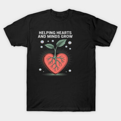 Black t-shirt with heart and plant design, "Helping Hearts and Minds Grow" text, casual wear, cotton fabric.