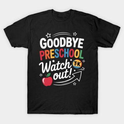 Black "Goodbye Preschool" T-shirt with colorful text and apple graphic, perfect for celebrating school milestones.