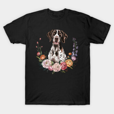 Black T-shirt with floral dog print, cotton material, casual style, perfect for pet lovers and everyday wear.