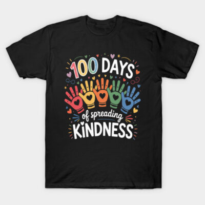 Black t-shirt with "100 Days of Spreading Kindness" colorful design, casual wear, cotton material.