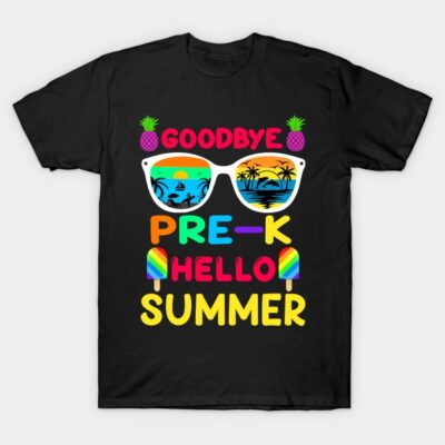 "Black t-shirt with colorful 'Goodbye Pre-K Hello Summer' graphic, featuring sunglasses and popsicles, cotton casual wear."