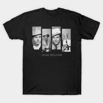 Black t-shirt with vintage musician graphic design, featuring grayscale portraits and guitar. Ideal for music lovers.