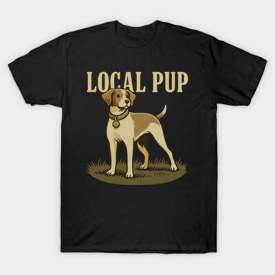 Black "Local Pup" t-shirt featuring vintage dog graphic, casual style, cotton material, ideal for dog lovers.