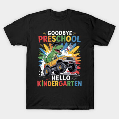 Black T-shirt with colorful "Goodbye Preschool, Hello Kindergarten" dinosaur and truck graphic, cotton material.