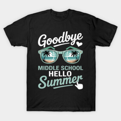 Black T-shirt with "Goodbye Middle School Hello Summer" text, sunglasses graphic, casual summer apparel.