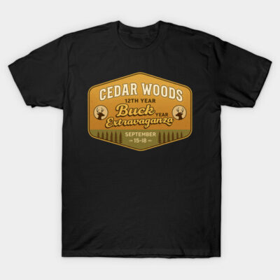 Black T-shirt with "Cedar Woods Buck Extravaganza" retro design, perfect for outdoor event enthusiasts.