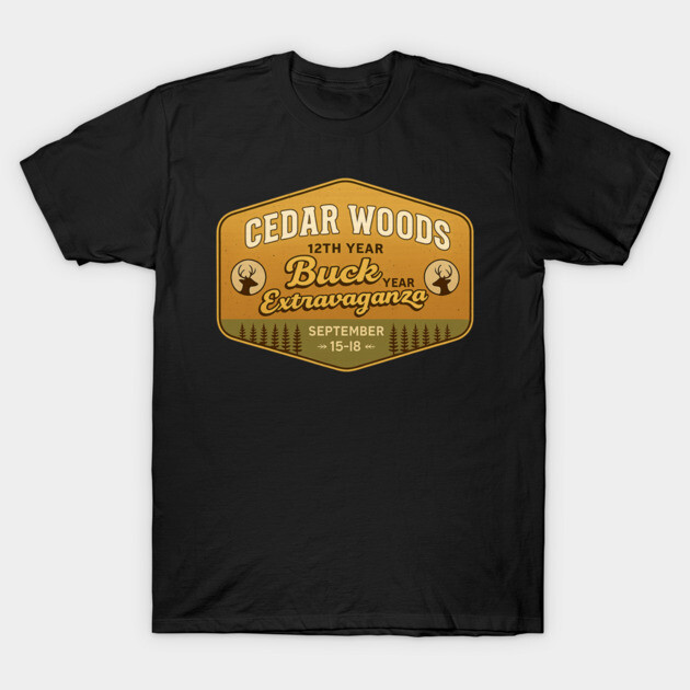 Black T-shirt with "Cedar Woods Buck Extravaganza" retro design, perfect for outdoor event enthusiasts.