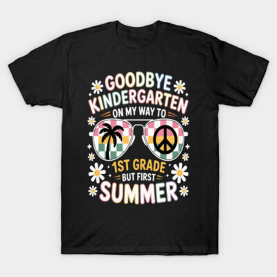 Black t-shirt with colorful "Goodbye Kindergarten, Hello 1st Grade" summer design, featuring sunglasses and daisies.