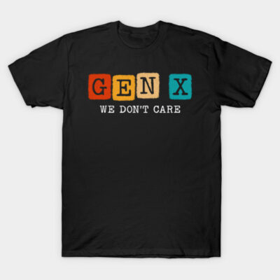 Black Gen X themed t-shirt with colorful text design, casual style, perfect for comfortable everyday wear.