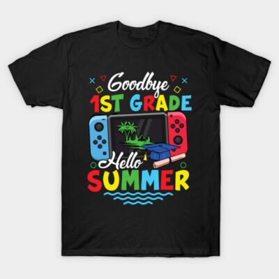 Black t-shirt with colorful "Goodbye 1st Grade Hello Summer" design, featuring gaming console graphic. Perfect for kids.