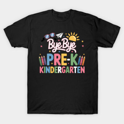 Black "Bye Bye Pre-K" T-shirt, colorful kindergarten design, casual style, cotton material, perfect for school events.