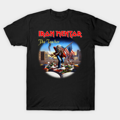 Black graphic t-shirt featuring "Iron Mentor The Teacher" with bold design, perfect for casual wear and music fans.