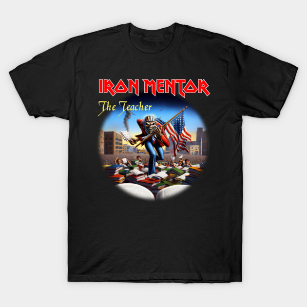 Black graphic t-shirt featuring "Iron Mentor The Teacher" with bold design, perfect for casual wear and music fans.