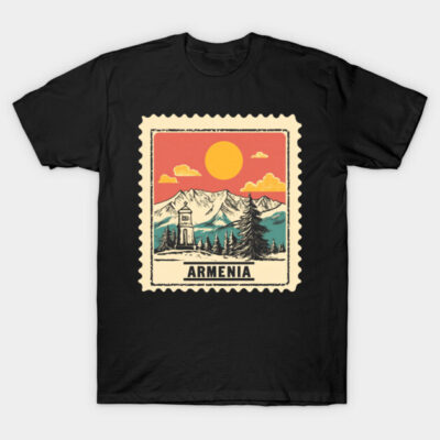 Black Armenia-themed T-shirt featuring vintage mountain and sun graphic, perfect for casual wear and travel enthusiasts.