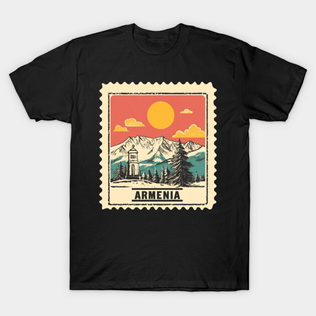 Black Armenia-themed T-shirt featuring vintage mountain and sun graphic, perfect for casual wear and travel enthusiasts.