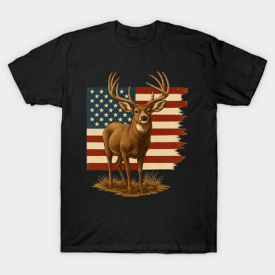 Black T-shirt featuring a deer with antlers and American flag design, ideal for casual wear and patriotic-themed events.