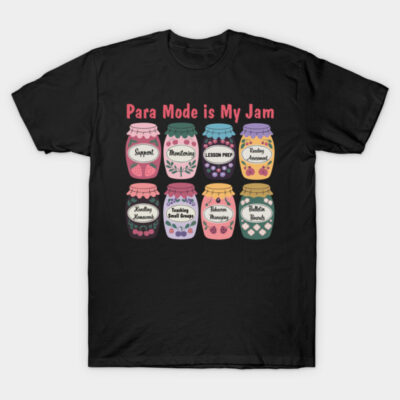 "Black t-shirt with colorful jam jar graphic and playful educational theme text design, cotton material."