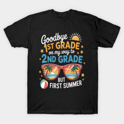 Black t-shirt with colorful "Goodbye 1st Grade" summer theme print, featuring sunglasses and beach graphics.