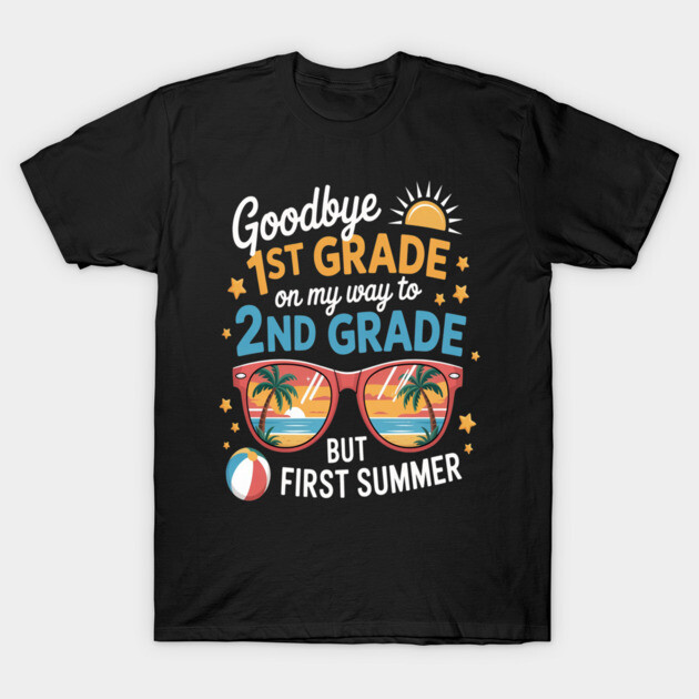 Black t-shirt with colorful "Goodbye 1st Grade" summer theme print, featuring sunglasses and beach graphics.