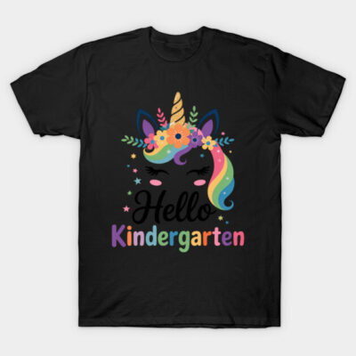 Black "Hello Kindergarten" unicorn t-shirt with colorful floral design, ideal for kids, cotton material, casual wear.