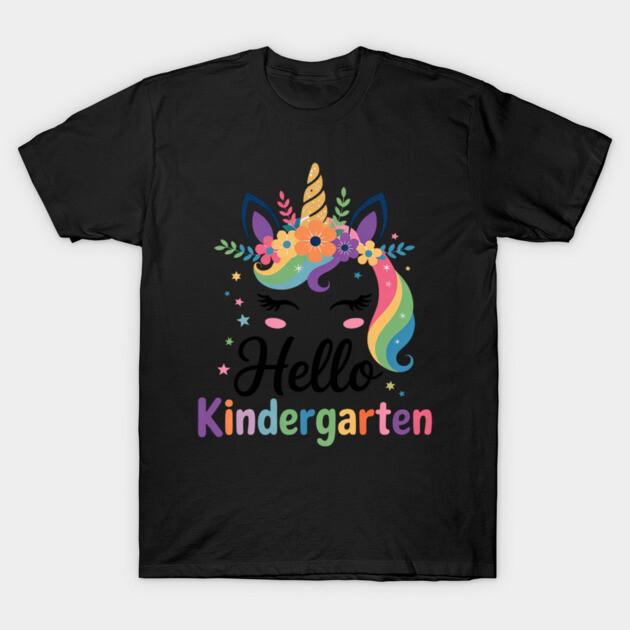 Black "Hello Kindergarten" unicorn t-shirt with colorful floral design, ideal for kids, cotton material, casual wear.