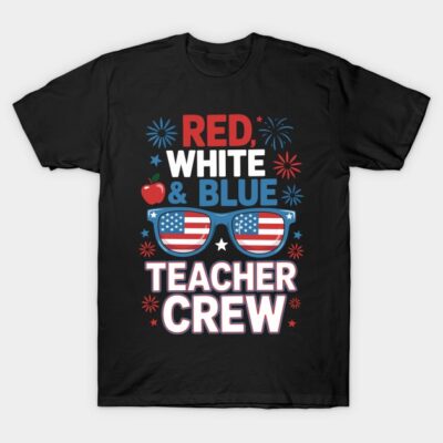 Black t-shirt with red, white, and blue "Teacher Crew" design featuring sunglasses and fireworks. Perfect for educators.