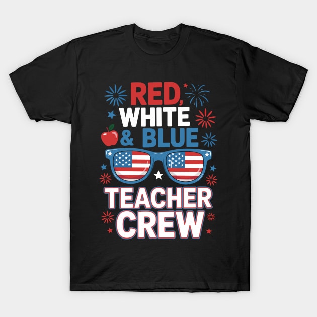 Black t-shirt with red, white, and blue "Teacher Crew" design featuring sunglasses and fireworks. Perfect for educators.