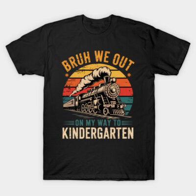 Black t-shirt with vintage train graphic and "Bruh We Out On My Way to Kindergarten" text, casual kidswear.